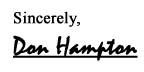 Sincerely, Don Hampton